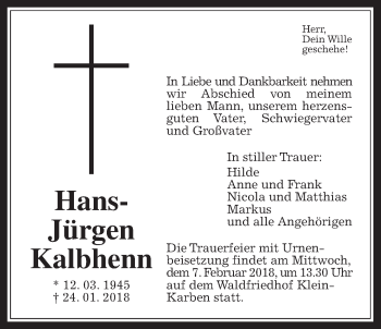 Traueranzeige von Hans-Jürgen Kalbhenn von Wetterauer Zeitung, Wetterauer Zeitung