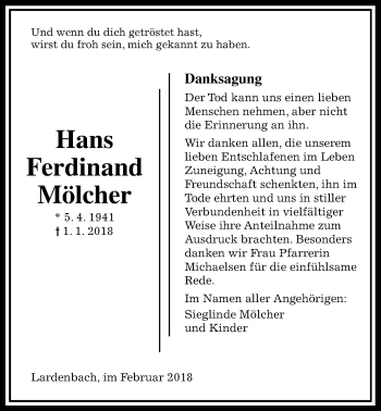 Traueranzeige von Hans Ferdinand Mölcher von Giessener Allgemeine, Alsfelder Allgemeine