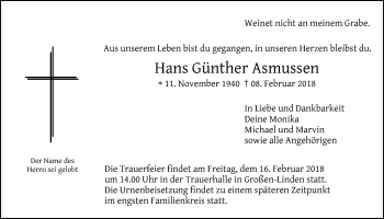 Traueranzeige von Hans Günther Asmussen von Giessener Allgemeine, Alsfelder Allgemeine