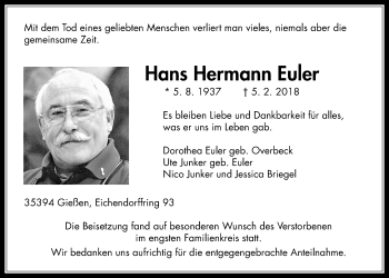 Traueranzeige von Hans Hermann Euler von Giessener Allgemeine, Alsfelder Allgemeine