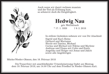 Traueranzeige von Hedwig Nau von Giessener Allgemeine, Alsfelder Allgemeine