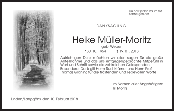 Traueranzeige von Heike Müller-Moritz von Giessener Allgemeine, Alsfelder Allgemeine