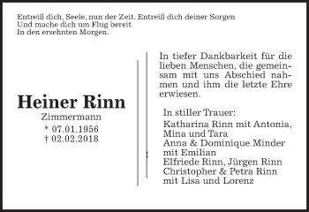 Traueranzeige von Heiner Rinn von Giessener Allgemeine, Alsfelder Allgemeine, Wetterauer Zeitung, Wetterauer Zeitung