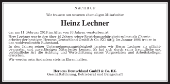 Traueranzeige von Heinz Lechner von Wetterauer Zeitung, Wetterauer Zeitung