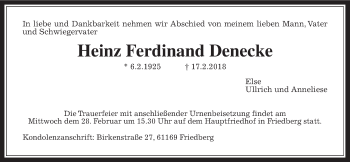 Traueranzeige von Heinz Ferdinand Denecke von Wetterauer Zeitung, Wetterauer Zeitung