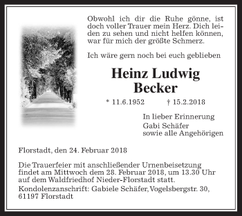 Traueranzeige von Heinz Ludwig Becker von Wetterauer Zeitung, Wetterauer Zeitung