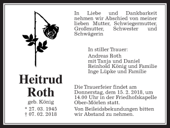 Traueranzeige von Heitrud Roth von Wetterauer Zeitung, Wetterauer Zeitung