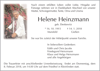 Traueranzeige von Helene Heinzmann von Giessener Allgemeine, Alsfelder Allgemeine