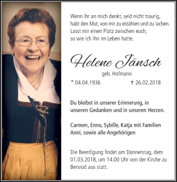 Traueranzeige von Helene Jänsch von Giessener Allgemeine, Alsfelder Allgemeine