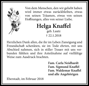 Traueranzeige von Helga Knaffel von Licher Wochenblatt, Licher Wochenblatt, Licher Wochenblatt