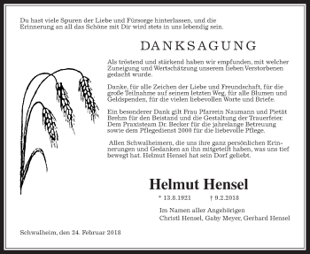 Traueranzeige von Helmut Hensel von Wetterauer Zeitung, Wetterauer Zeitung