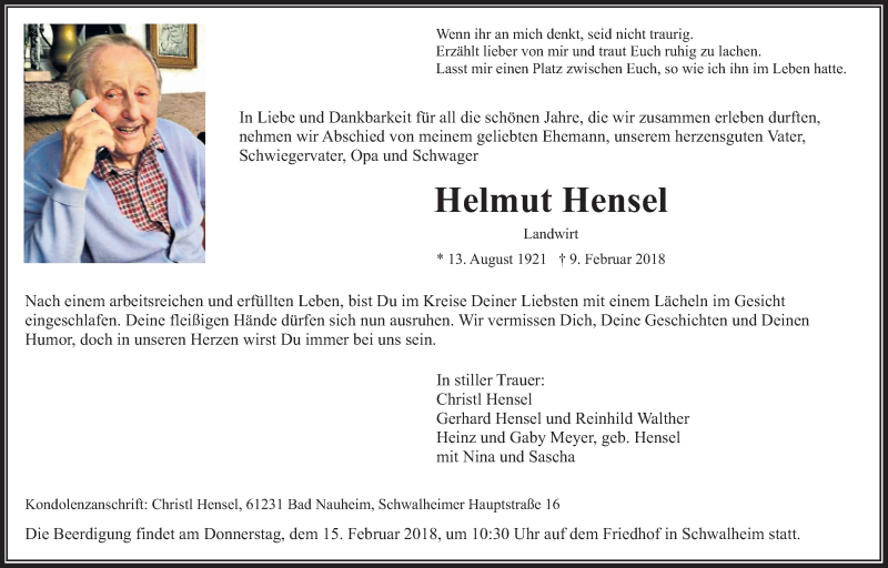  Traueranzeige für Helmut Hensel vom 14.02.2018 aus Wetterauer Zeitung, Wetterauer Zeitung