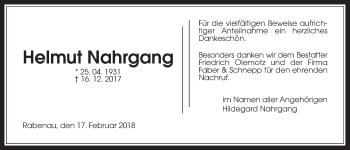 Traueranzeige von Helmut Nahrgang von Rabenauer Zeitung
