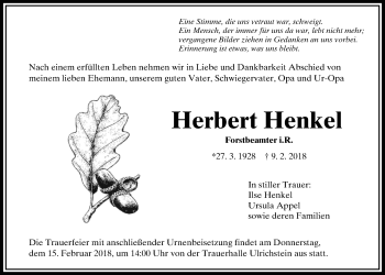 Traueranzeige von Herbert Henkel von Alsfelder Allgemeine