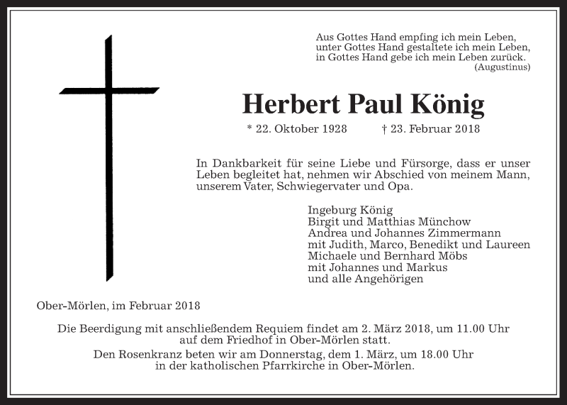  Traueranzeige für Herbert Paul König vom 28.02.2018 aus Wetterauer Zeitung, Wetterauer Zeitung