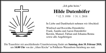 Traueranzeige von Hilde Dutenhöfer von Giessener Allgemeine, Alsfelder Allgemeine