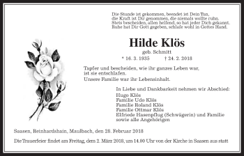 Traueranzeige von Hilde Klös von Giessener Allgemeine, Alsfelder Allgemeine