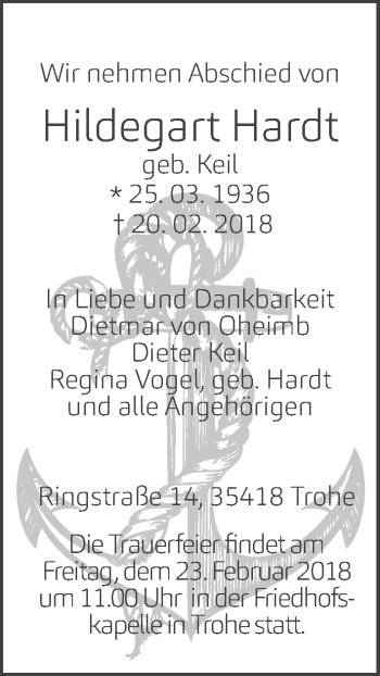 Traueranzeige von Hildegard Hardt von Giessener Allgemeine, Alsfelder Allgemeine