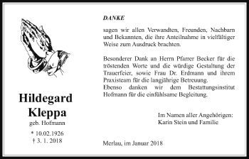 Traueranzeige von Hildegard Kleppa von Mücker Stimme