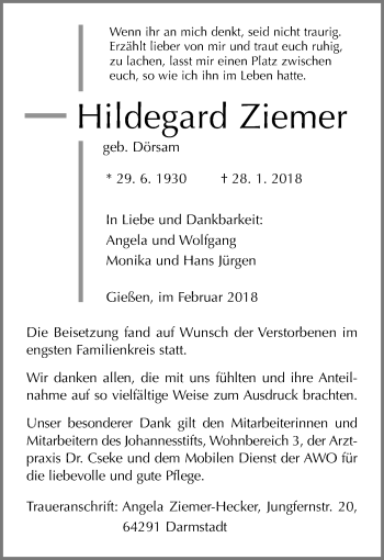 Traueranzeige von Hildegard Ziemer von Giessener Allgemeine, Alsfelder Allgemeine