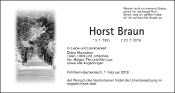 Traueranzeige von Horst Braun von Pohlheimer Nachrichten