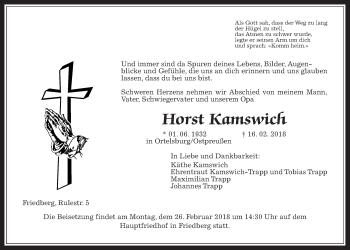 Traueranzeige von Horst Kamswich von Wetterauer Zeitung, Wetterauer Zeitung