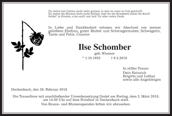 Traueranzeige von Ilse Schomber von Alsfelder Allgemeine