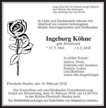 Traueranzeige von Ingeburg Köhne von Wetterauer Zeitung, Wetterauer Zeitung