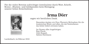 Traueranzeige von Irma Dörr von Giessener Allgemeine, Alsfelder Allgemeine