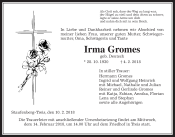 Traueranzeige von Irma Gromes von Giessener Allgemeine, Alsfelder Allgemeine