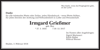 Traueranzeige von Irmgard Grießmer von Wetterauer Zeitung, Wetterauer Zeitung