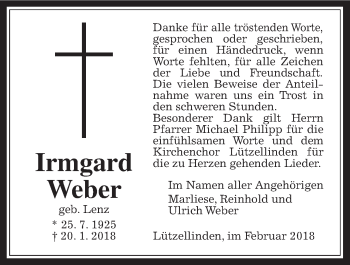 Traueranzeige von Irmgard Weber von Giessener Allgemeine, Alsfelder Allgemeine