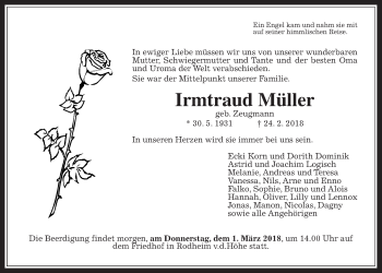 Traueranzeige von Irmtraud Müller von Wetterauer Zeitung, Wetterauer Zeitung
