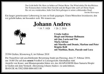 Traueranzeige von Johann Andres von Giessener Allgemeine, Alsfelder Allgemeine