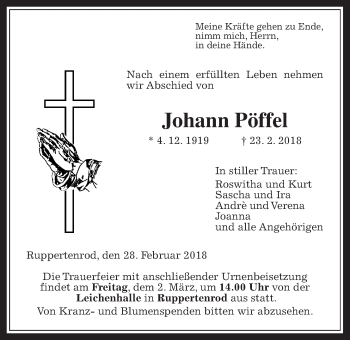 Traueranzeige von Johann Pöffel von Alsfelder Allgemeine