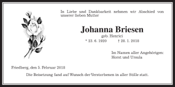 Traueranzeige von Johanna Briesen von Wetterauer Zeitung, Wetterauer Zeitung
