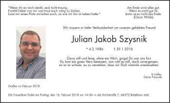 Traueranzeige von Julian Jakob Szysnik von Giessener Allgemeine, Alsfelder Allgemeine