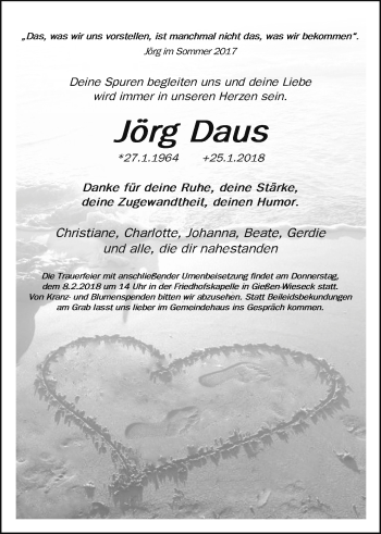 Traueranzeige von Jörg Daus von Giessener Allgemeine, Alsfelder Allgemeine