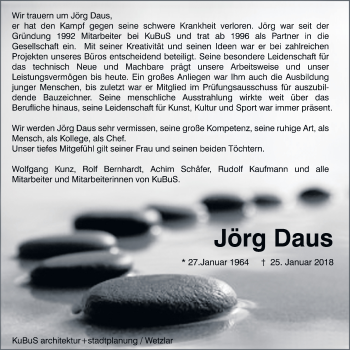 Traueranzeige von Jörg Daus von Giessener Allgemeine, Alsfelder Allgemeine