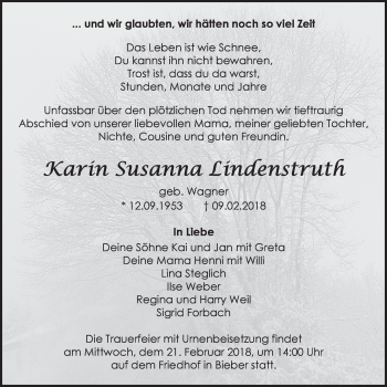 Traueranzeige von Karin Susanna Lindenstruth von Giessener Allgemeine, Alsfelder Allgemeine