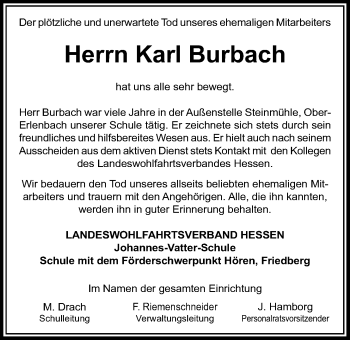 Traueranzeige von Karl Burbach von Wetterauer Zeitung, Wetterauer Zeitung