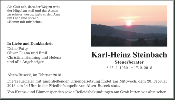 Traueranzeige von Karl-Heinz Steinbach von Giessener Allgemeine, Alsfelder Allgemeine