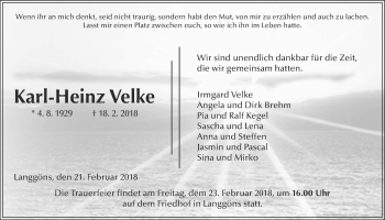 Traueranzeige von Karl-Heinz Velke von Giessener Allgemeine, Alsfelder Allgemeine