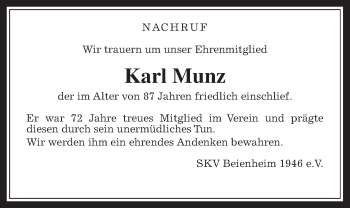 Traueranzeige von Karl Munz von Wetterauer Zeitung, Wetterauer Zeitung