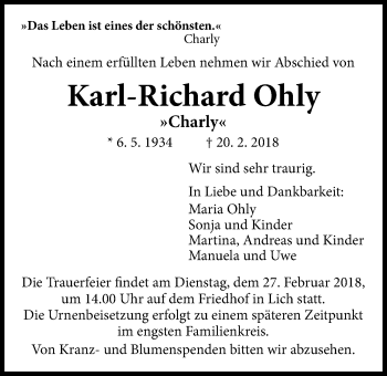 Traueranzeige von Karl-Richard Ohly von Giessener Allgemeine, Alsfelder Allgemeine