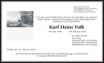 Traueranzeige von Karl Heinz Volk von Giessener Allgemeine, Alsfelder Allgemeine