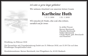 Traueranzeige von Karlheinz Huth von Wetterauer Zeitung, Wetterauer Zeitung