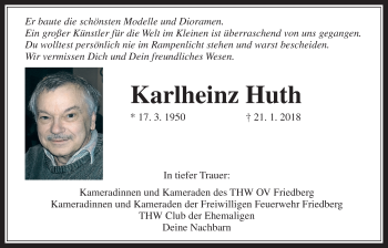 Traueranzeige von Karlheinz Huth von Wetterauer Zeitung, Wetterauer Zeitung