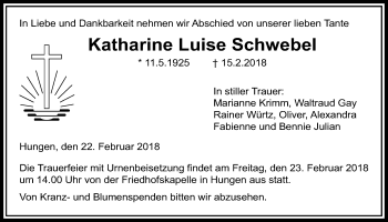 Traueranzeige von Katharine Luise Schwebel von Licher Wochenblatt, Licher Wochenblatt, Licher Wochenblatt