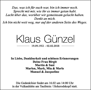 Traueranzeige von Klaus Günzel von Alsfelder Allgemeine